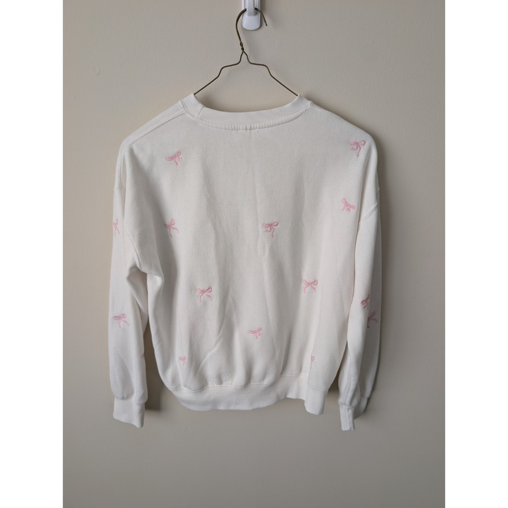 Reflex Women's S White Fleece Pullover Crewneck Sweatshirt Pink Bow Embroidered - Picture 5 of 7